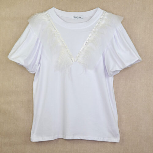 CAMISETA PLUMAS MANGA FRUNCIDA