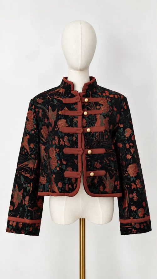 CHAQUETA JACQUARD ESTAMPADO FLORAL FONDO NEGRO